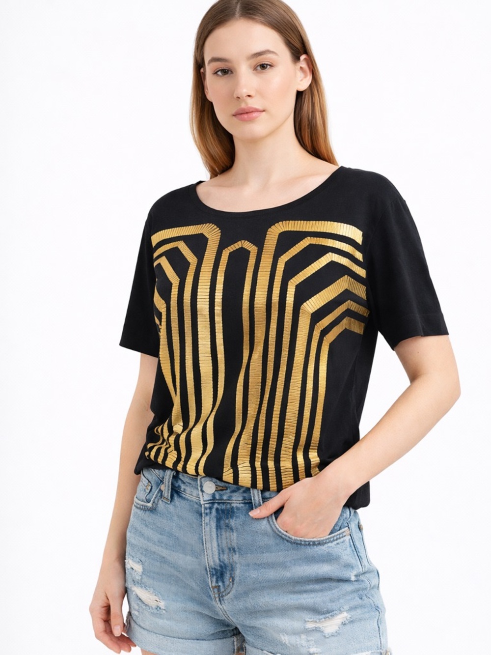 Gucci Black Gold Art Deco Graphic Tee Top Made in Italy Metallic Print Size XS